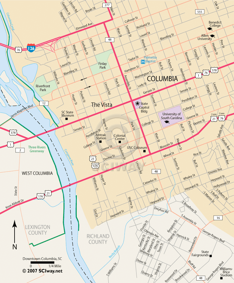 Map Of Columbia South Carolina And Surrounding Area Downtown Columbia, South Carolina   Free Online Map